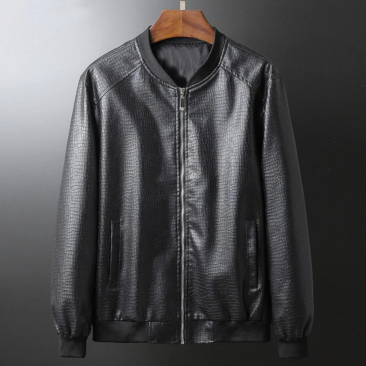 Men's Stand Collar Leather Jacket Lightweight Faux Leather Motorcycle Jackets Black Long Sleeve Business Leatherwear