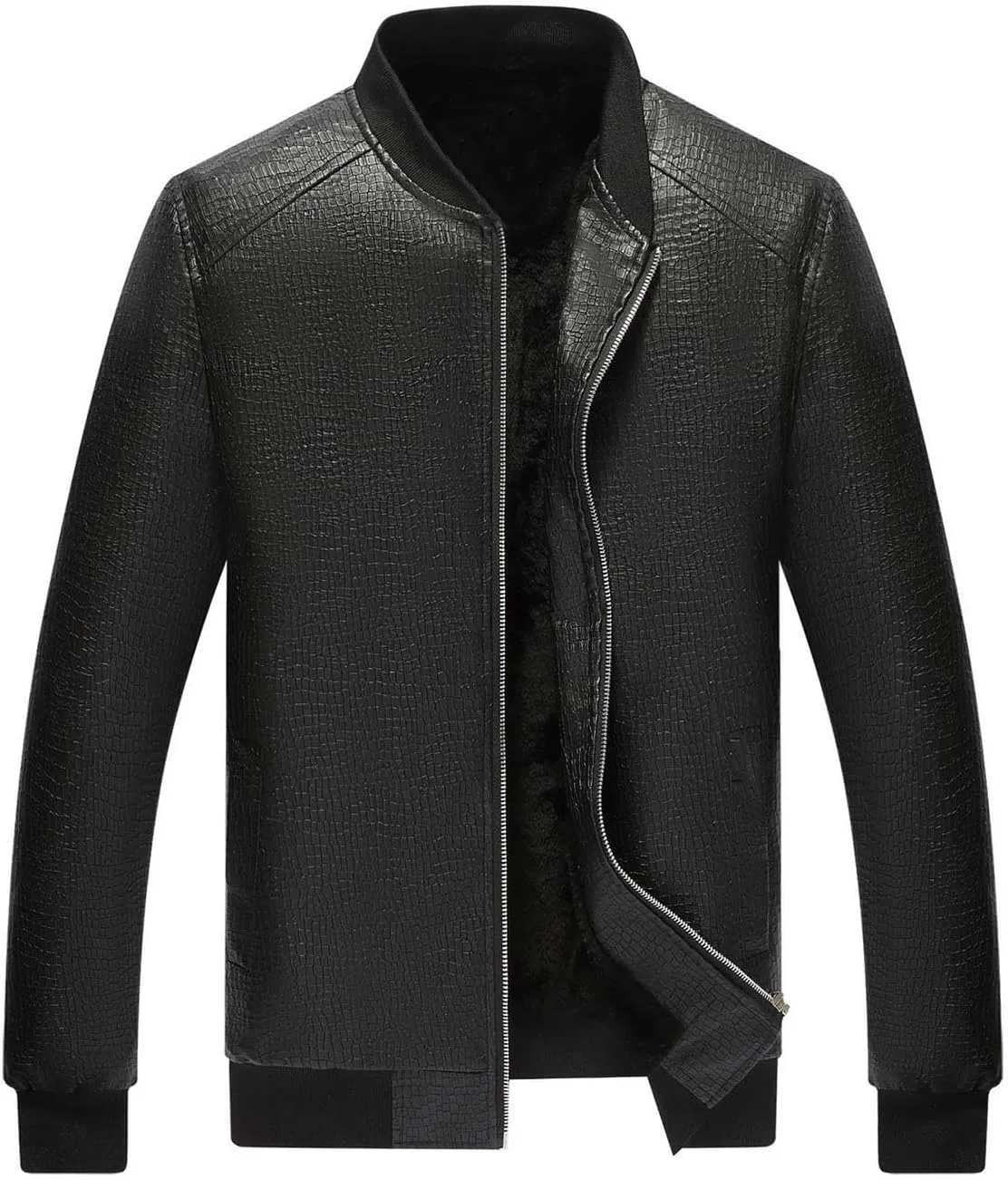 Men's Stand Collar Leather Jacket Lightweight Faux Leather Motorcycle Jackets Black Long Sleeve Business Leatherwear