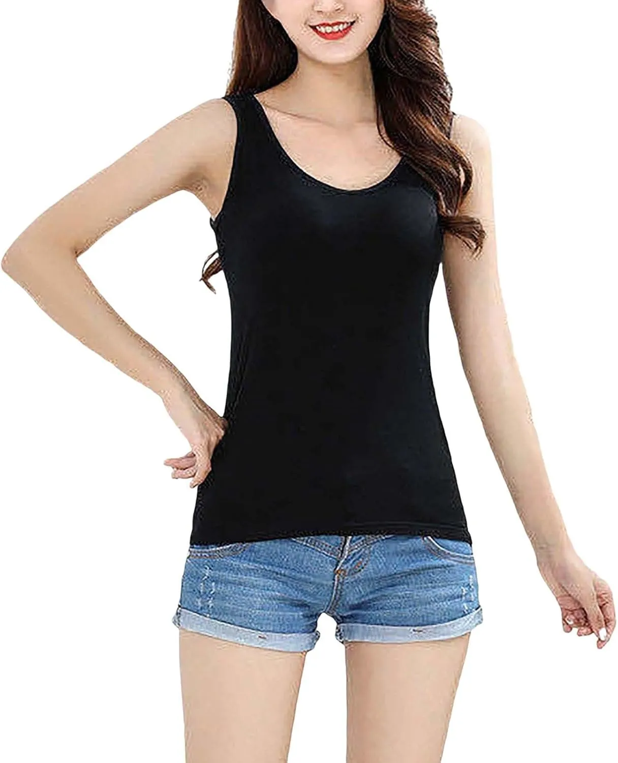 Miyaomn Women's Tank Top with Built in Bras 2025 Summer Strappy Basic Layer Padded Cami Shirts Casual Solid Workout Yoga Tops