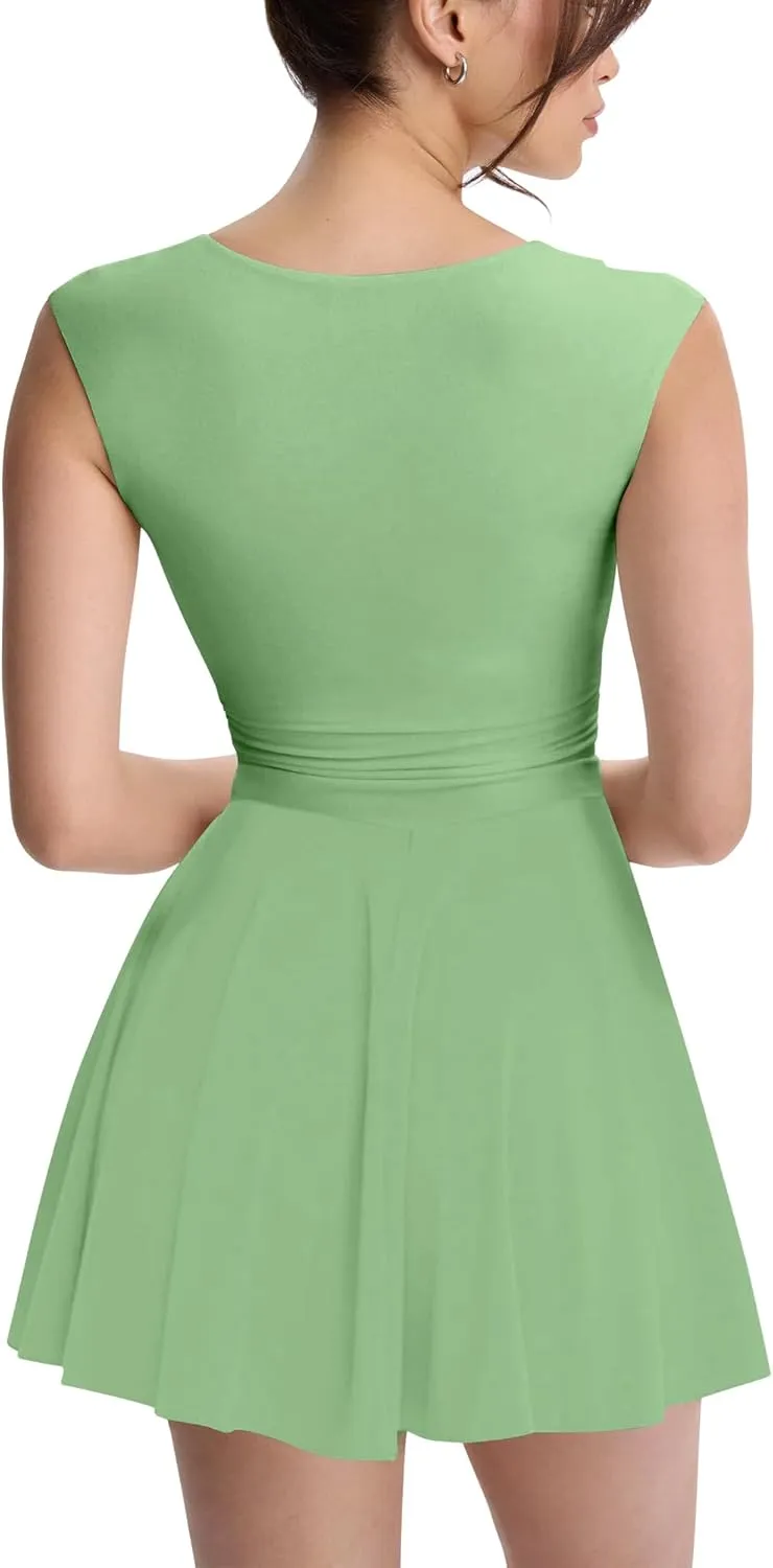 Mokoru Women's Sexy V Neck Sleeveless Bodycon Ruffle Hem Mini Club Party Short Dresses