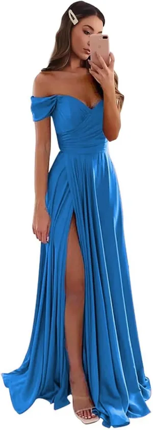 Molisa Women's Off Shoulder Prom Dresses Long Satin Bridesmaid Dress A Line Formal Wedding Guest Party Gowns with Slit