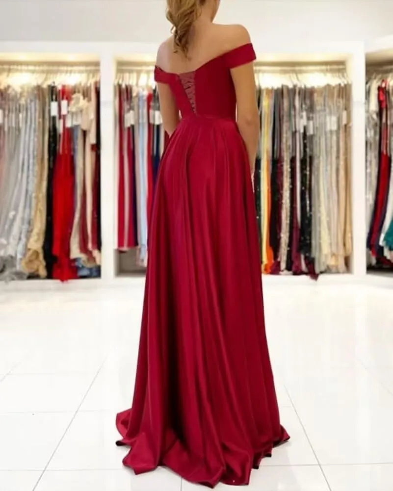 Molisa Women's Off Shoulder Prom Dresses Long Satin Bridesmaid Dress A Line Formal Wedding Guest Party Gowns with Slit