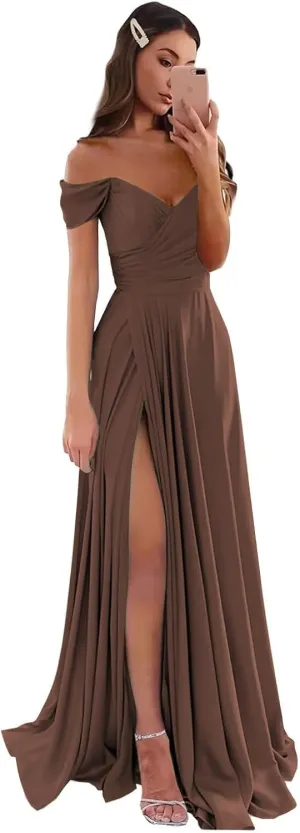 Molisa Women's Off Shoulder Prom Dresses Long Satin Bridesmaid Dress A Line Formal Wedding Guest Party Gowns with Slit