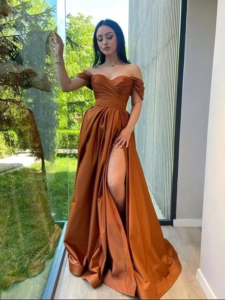 Molisa Women's Off Shoulder Prom Dresses Long Satin Bridesmaid Dress A Line Formal Wedding Guest Party Gowns with Slit
