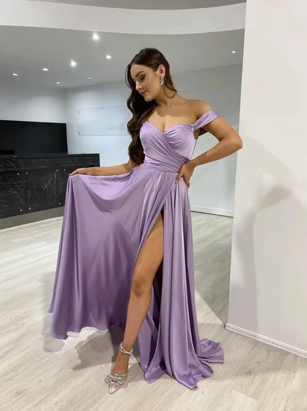 Molisa Women's Off Shoulder Prom Dresses Long Satin Bridesmaid Dress A Line Formal Wedding Guest Party Gowns with Slit