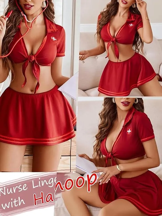 Nurse Lingerie for Women Roleplay Lingerie Set Nurse Cosplay with Tie Top and Mini Pleated Skirt