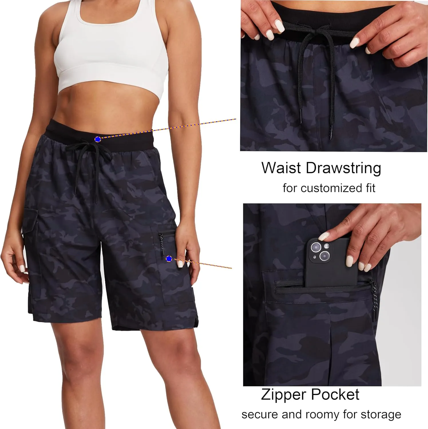 Oalka Women's Hiking Shorts Lightweight Zipper Pockets Cargo Quick Dry Summer Shorts