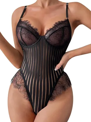 popiv Women Sexy Teddy Lingerie Eyelash Lace Bodysuit One Piece Lingerie