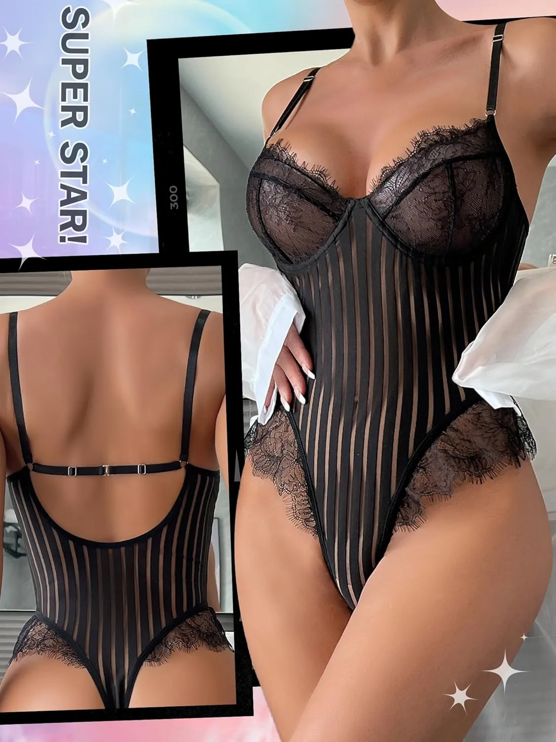 popiv Women Sexy Teddy Lingerie Eyelash Lace Bodysuit One Piece Lingerie