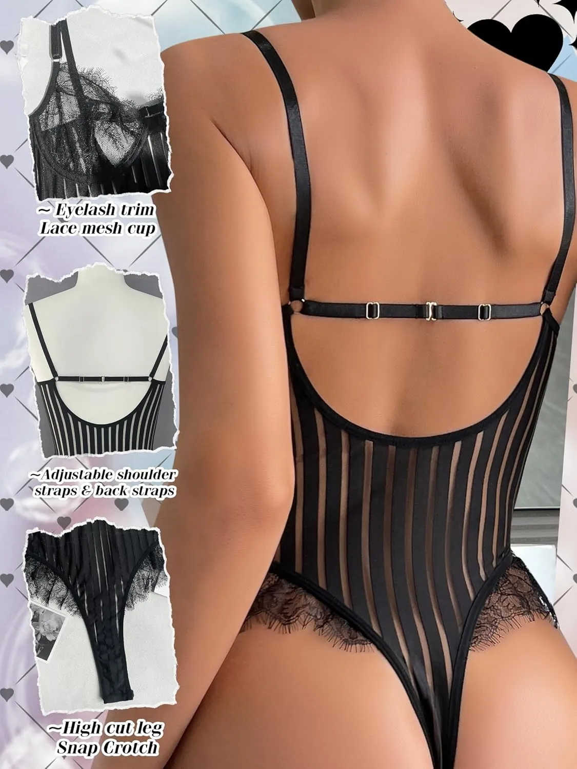 popiv Women Sexy Teddy Lingerie Eyelash Lace Bodysuit One Piece Lingerie