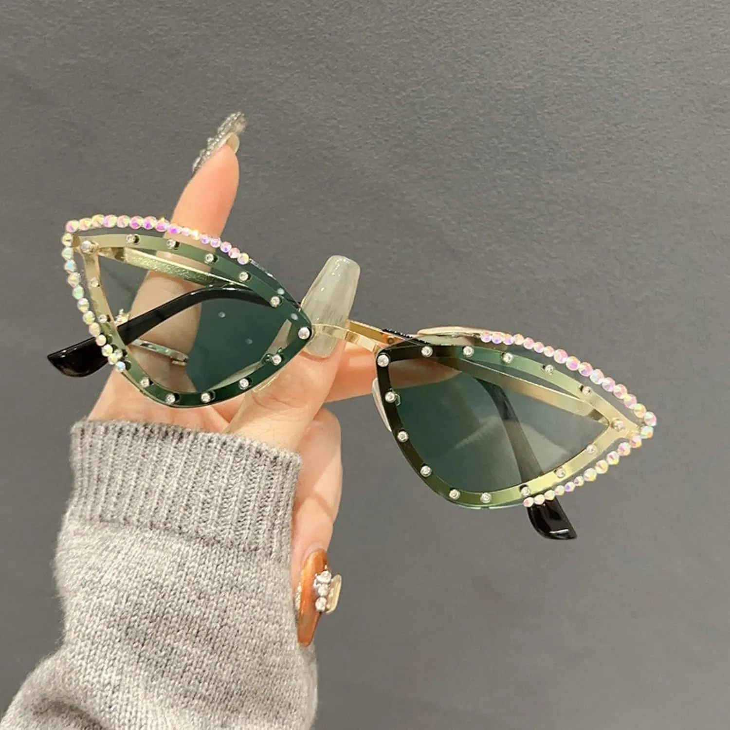 Popular Y2K Vintage Diamond Cat Eye Sunglasses Women For Female Rimless Sun Glasses Punk Luxury Designer Crystal Shades N45