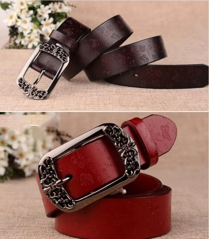 Retro Carved Flower Women Belt Vintage Pin Buckle Leather Waist Belts Elegant Jeans Pants Lady Waistbands