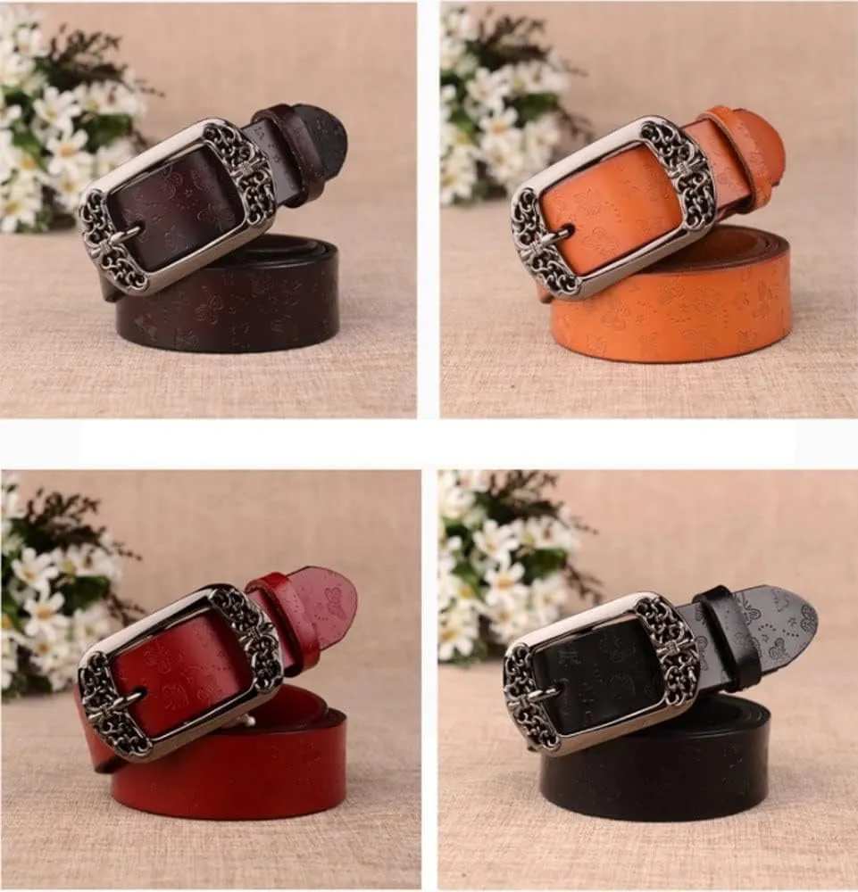 Retro Carved Flower Women Belt Vintage Pin Buckle Leather Waist Belts Elegant Jeans Pants Lady Waistbands
