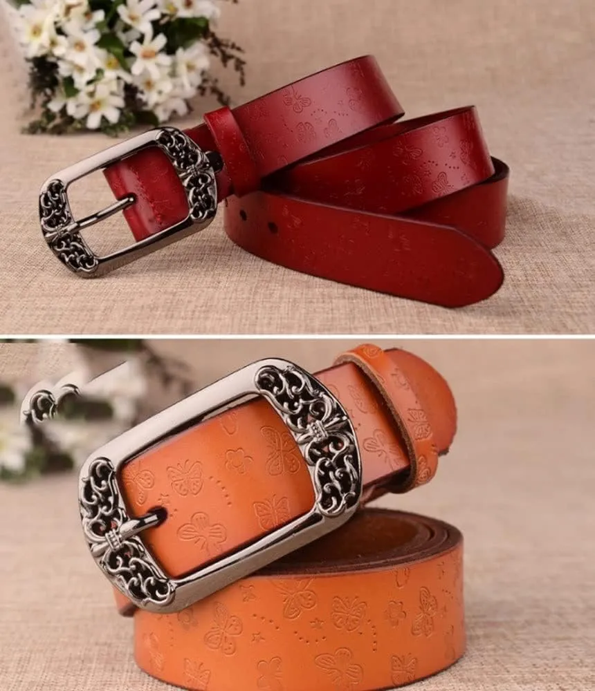 Retro Carved Flower Women Belt Vintage Pin Buckle Leather Waist Belts Elegant Jeans Pants Lady Waistbands
