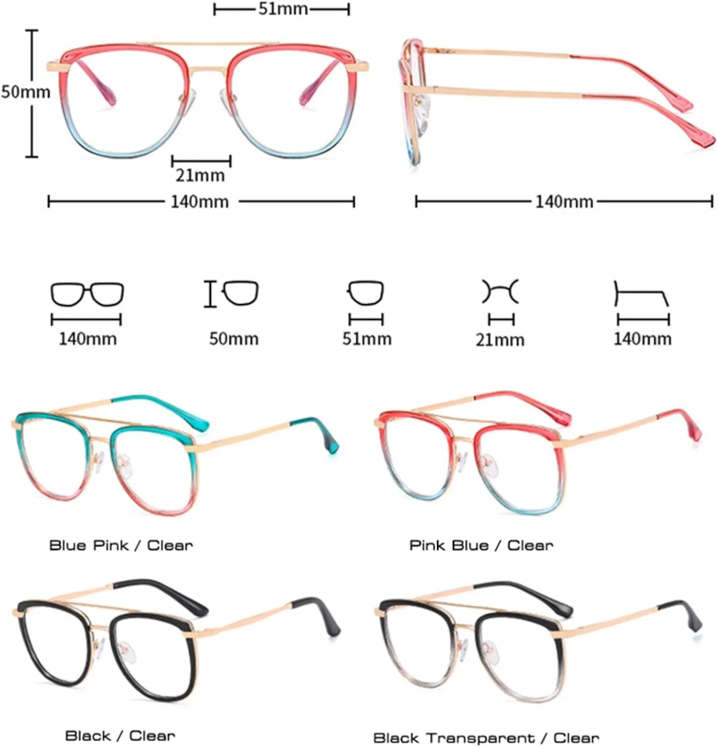 Retro Metal Double Bridges Women Glasses Frames Fashion Clear Eyewear Men Double Color Frame