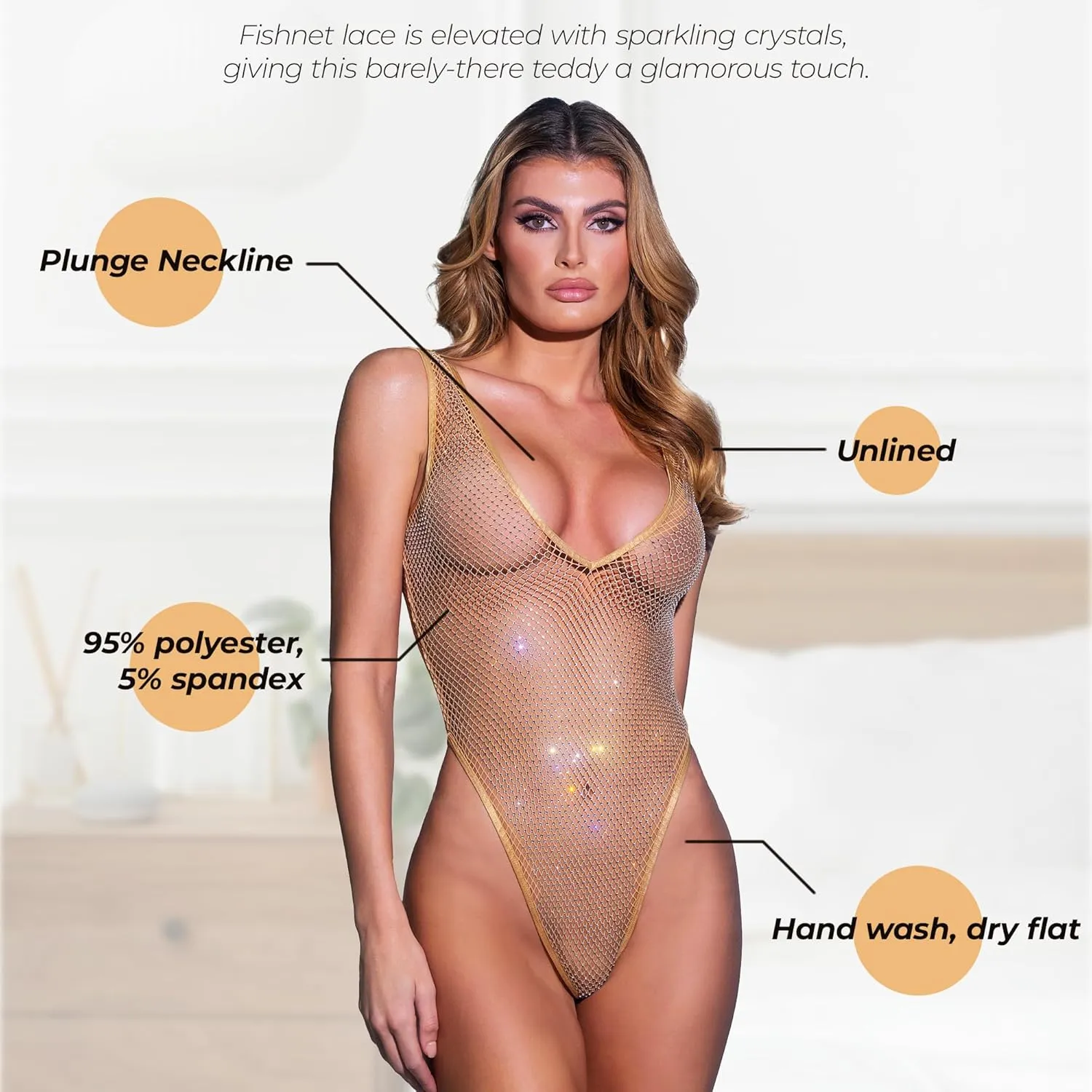 Roma Costume Fishnet Teddy Lingerie for Women Sexy Rhinestone Bodysuit Lingerie Teddy, Sparkly Exotic Wear Dancer Outfit