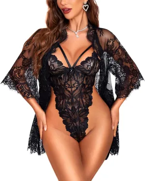 RSLOVE Sexy Womens Lingerie Set - 2 Piece Lace Kimono Robe with Lace Teddy Lingerie Bodysuit Sexy