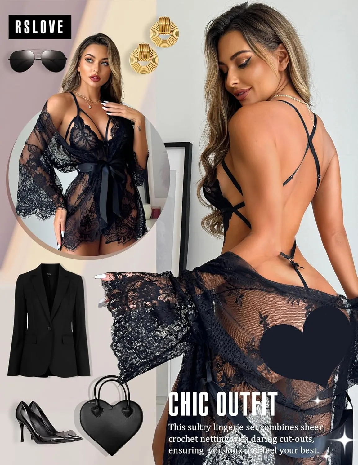 RSLOVE Sexy Womens Lingerie Set - 2 Piece Lace Kimono Robe with Lace Teddy Lingerie Bodysuit Sexy