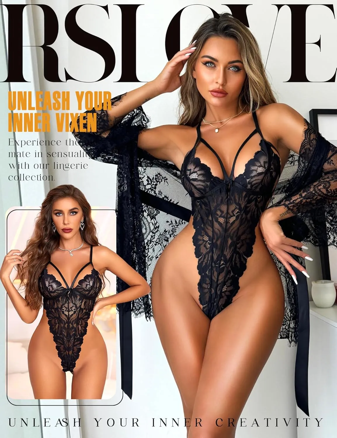 RSLOVE Sexy Womens Lingerie Set - 2 Piece Lace Kimono Robe with Lace Teddy Lingerie Bodysuit Sexy