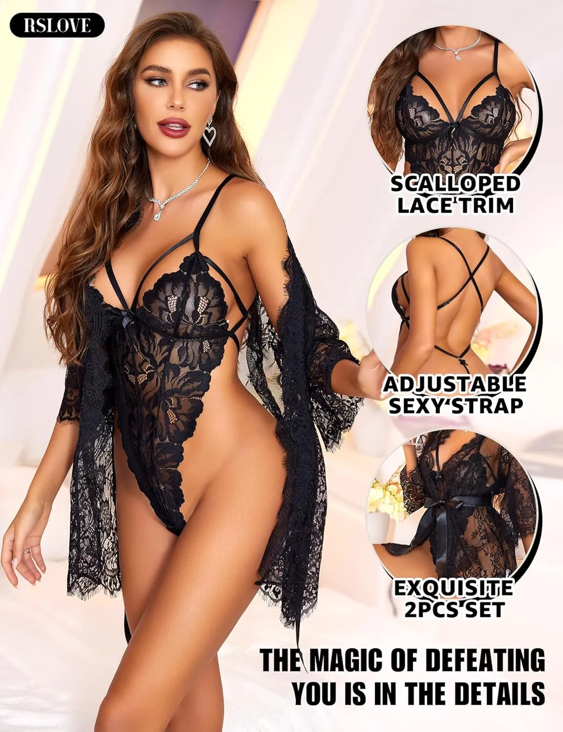 RSLOVE Sexy Womens Lingerie Set - 2 Piece Lace Kimono Robe with Lace Teddy Lingerie Bodysuit Sexy
