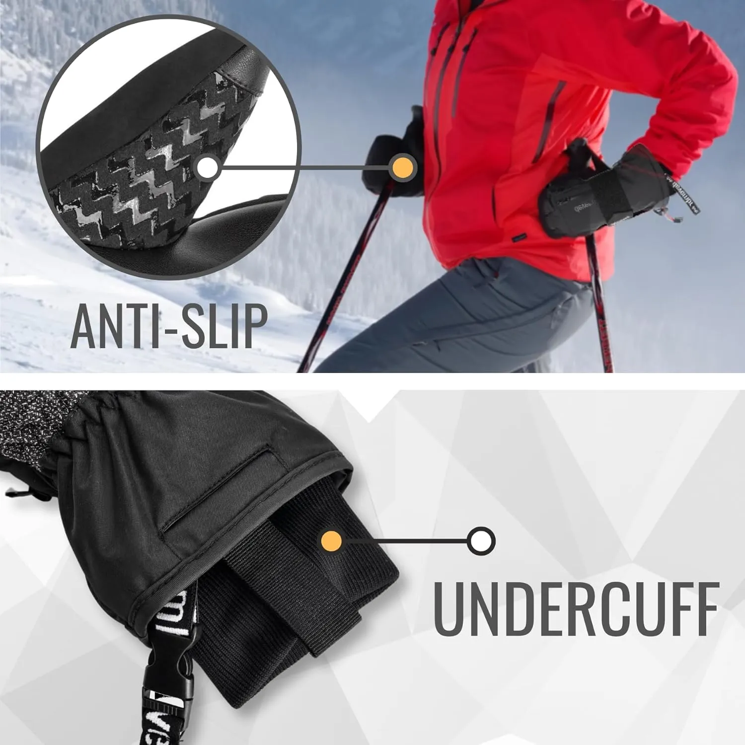 Ski Mittens with Wrist Guards and Undercuff Design, Snowboard Mittens Touchscreen