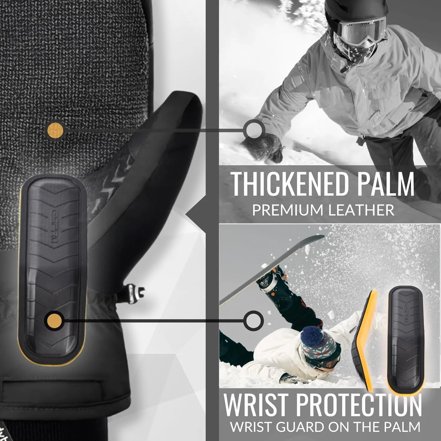 Ski Mittens with Wrist Guards and Undercuff Design, Snowboard Mittens Touchscreen