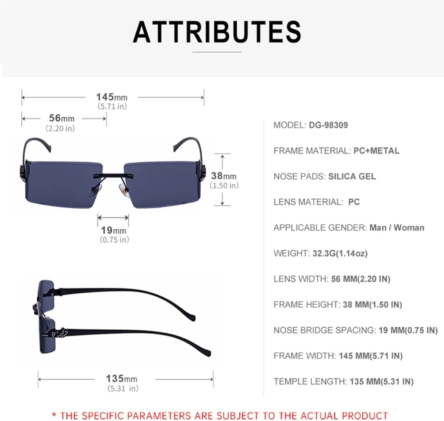 Small Rectangle Rimless Sunglasses for Men Luxury Vintage Metal Frame