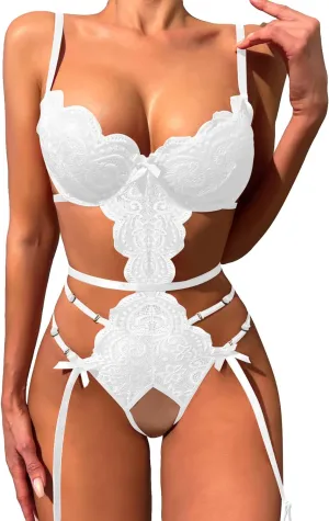 SOLY HUX Lingerie for Women Lace Cutout Scalloped Trim Bodysuit Teddy Lingerie Babydoll