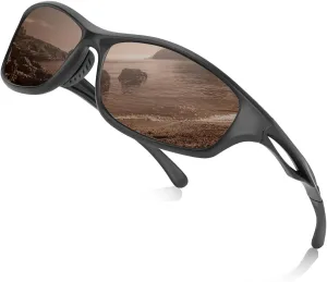 Sports Polarized Sunglasses for Men and Women, UV400 Protection Wrap-around Sports Sunglasses for Driving Fishing Cycling Brown Lens