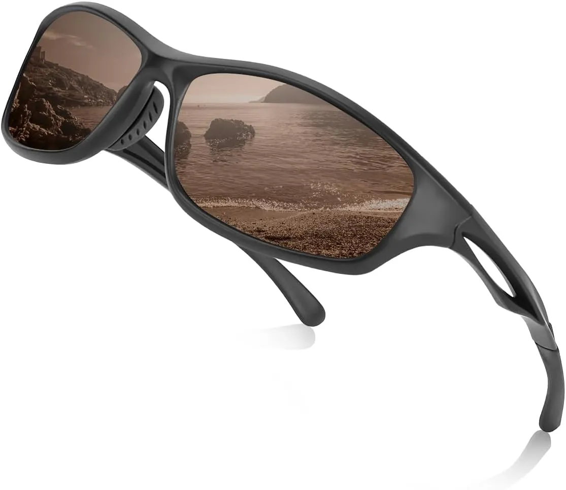 Sports Polarized Sunglasses for Men and Women, UV400 Protection Wrap-around Sports Sunglasses for Driving Fishing Cycling Brown Lens