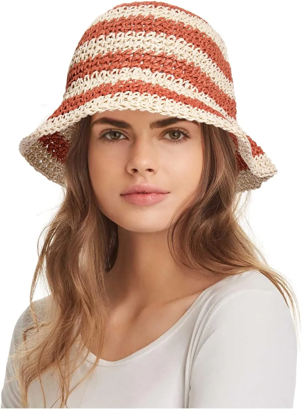 Straw Bucket Hats for Women Striped Crochet Sun Hats Foldable Floppy Beach Hats Summer Travel Accessories