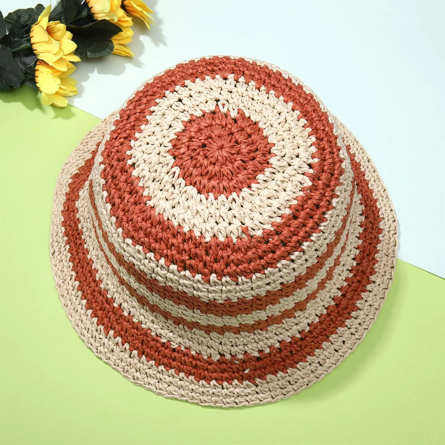 Straw Bucket Hats for Women Striped Crochet Sun Hats Foldable Floppy Beach Hats Summer Travel Accessories