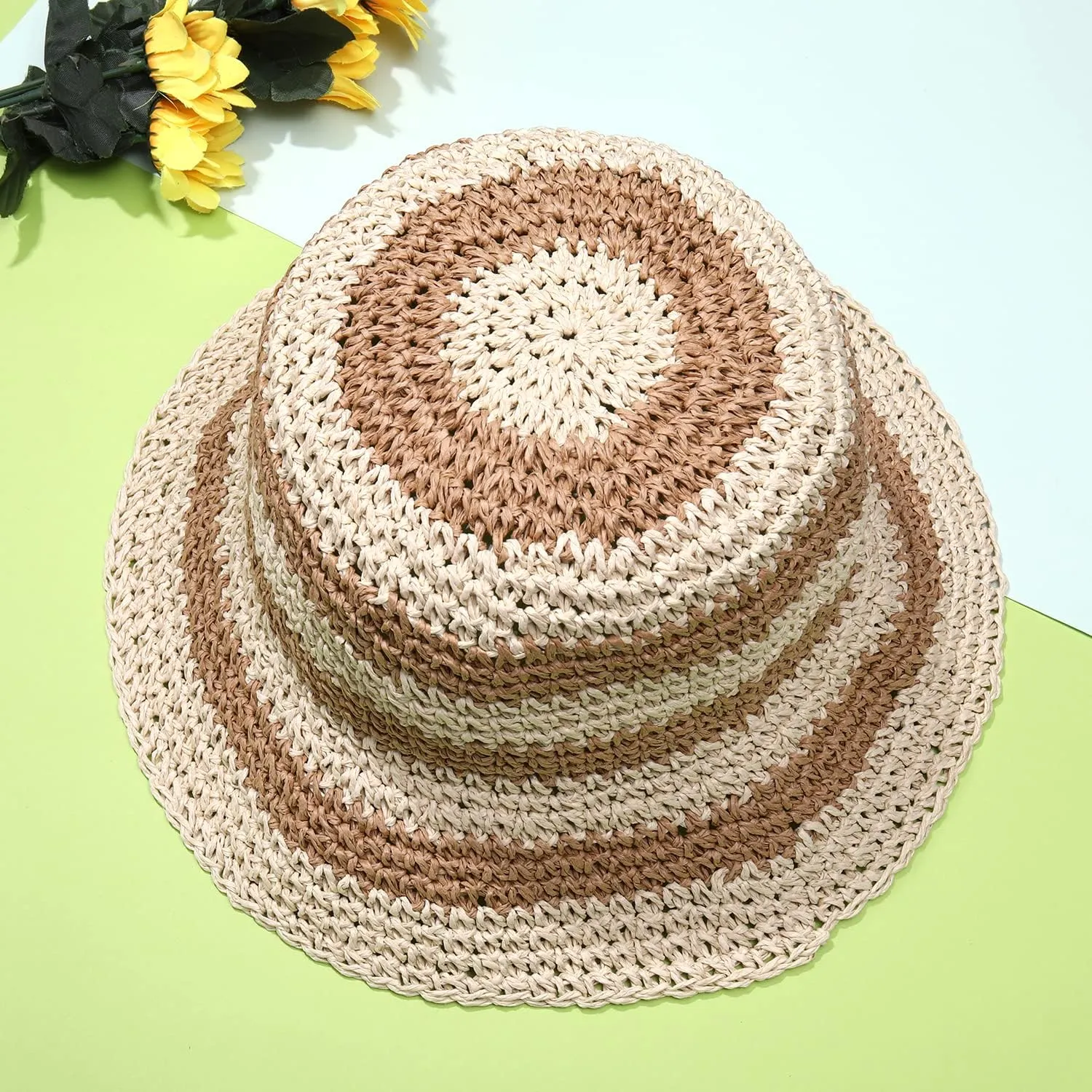 Straw Bucket Hats for Women Striped Crochet Sun Hats Foldable Floppy Beach Hats Summer Travel Accessories