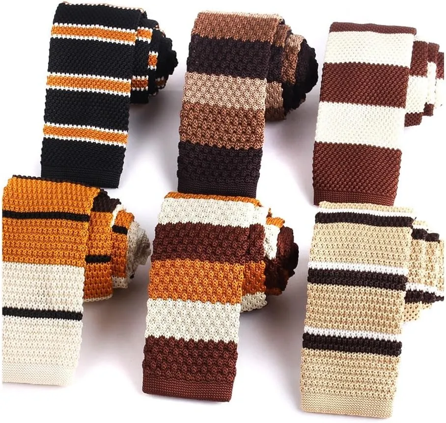 Stripe Knit Ties For Men Women Casual Slim Men's Neckties Skinny Knitted Neck Tie For Wedding Party Brown Narrow Tie