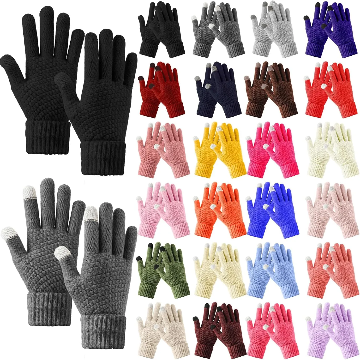 Suhine 24 Pairs Winter Touchscreen Gloves Bulk Warm Fleece Lined Knit Gloves Colored Knitted Gloves Full Finger Thermal Gloves Windproof Solid Color Mittens for Women Man Exercise Outdoor