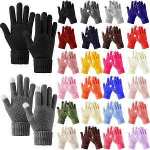 Suhine 24 Pairs Winter Touchscreen Gloves Bulk Warm Fleece Lined Knit Gloves Colored Knitted Gloves Full Finger Thermal Gloves Windproof Solid Color Mittens for Women Man Exercise Outdoor