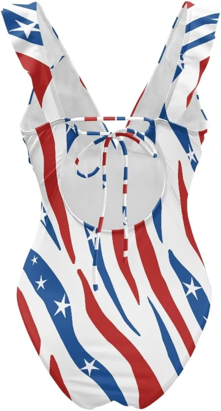 Suobstales Women's One Piece Swimsuits V Neck Tummy Control Bathing Suit Tie Back Monokini with Ruffled Straps Swimwear