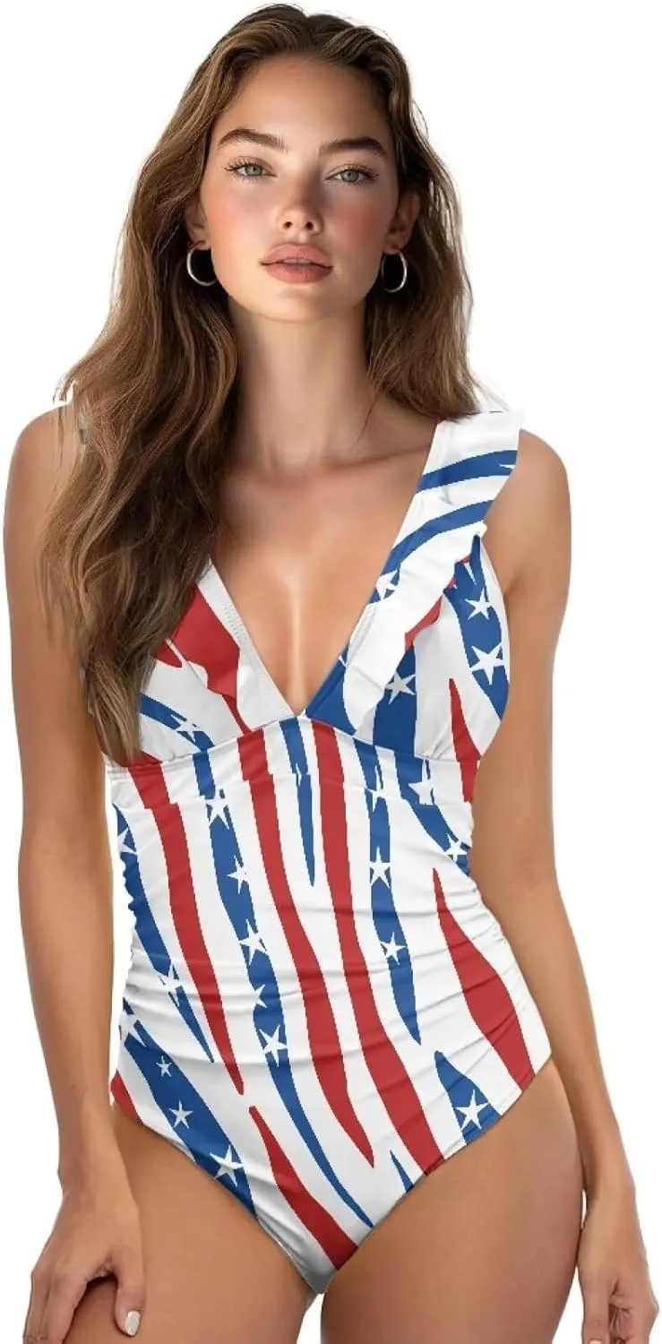 Suobstales Women's One Piece Swimsuits V Neck Tummy Control Bathing Suit Tie Back Monokini with Ruffled Straps Swimwear