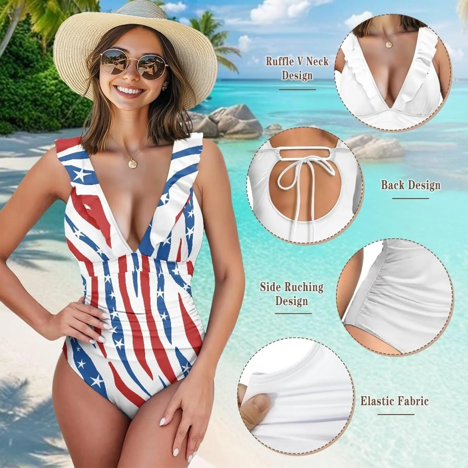 Suobstales Women's One Piece Swimsuits V Neck Tummy Control Bathing Suit Tie Back Monokini with Ruffled Straps Swimwear