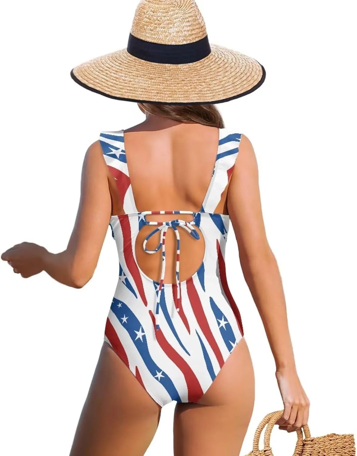 Suobstales Women's One Piece Swimsuits V Neck Tummy Control Bathing Suit Tie Back Monokini with Ruffled Straps Swimwear