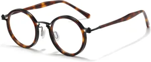 Tate Retro Titanium Acetate Prescription Glasses Frame，Luxury Round Eyeglasses with Blue Light Lenses 48-24-148mm