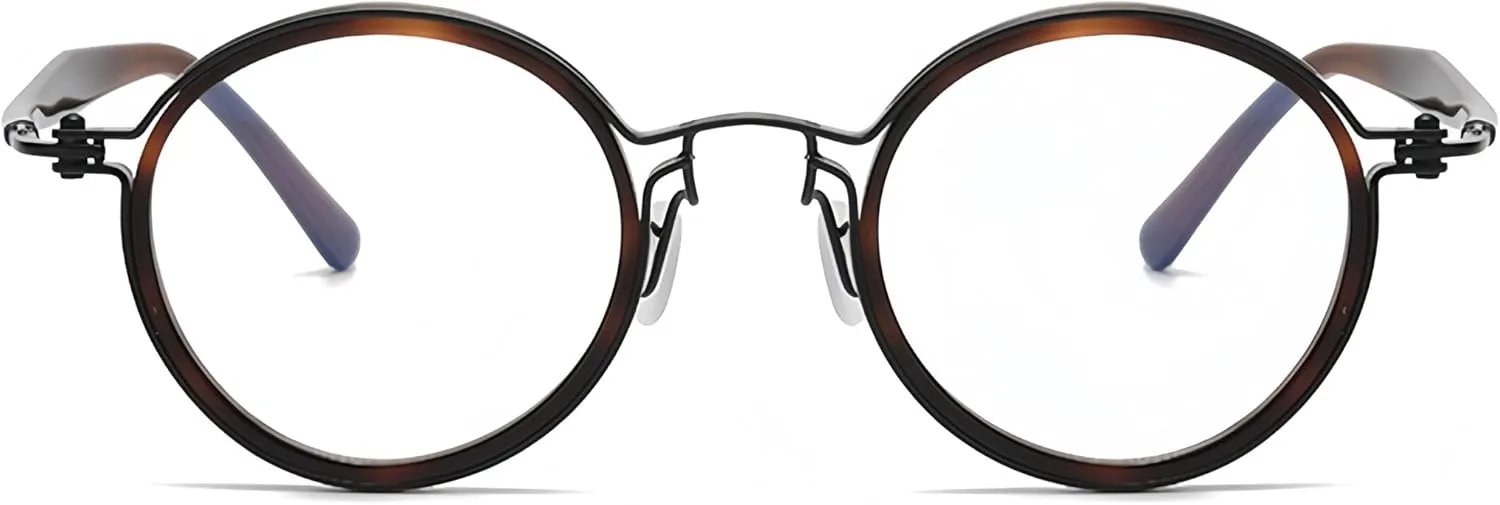 Tate Retro Titanium Acetate Prescription Glasses Frame，Luxury Round Eyeglasses with Blue Light Lenses 48-24-148mm