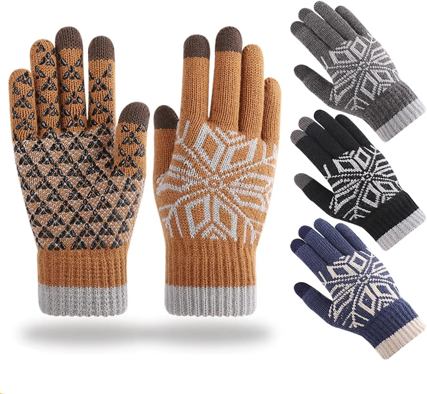 Thick Cashmere Knitted Gloves for Men Snowflake Full Finger Touch Screen New Winter Gloves Womens Cycling (Color : 3, Size : 1)