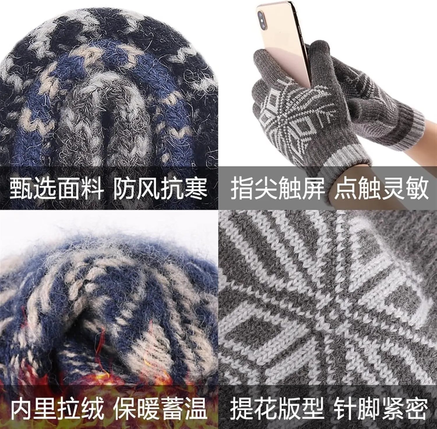 Thick Cashmere Knitted Gloves for Men Snowflake Full Finger Touch Screen New Winter Gloves Womens Cycling (Color : 3, Size : 1)