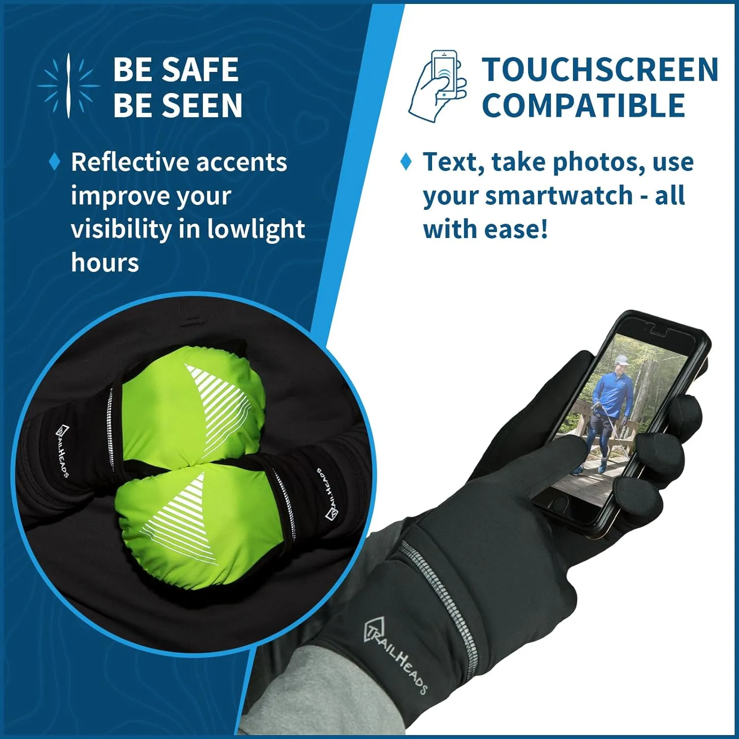 TrailHeads Mens Running Gloves Touchscreen Fingers & Convertible Waterproof Mitten Shell - for Winter, Reflective, Warm