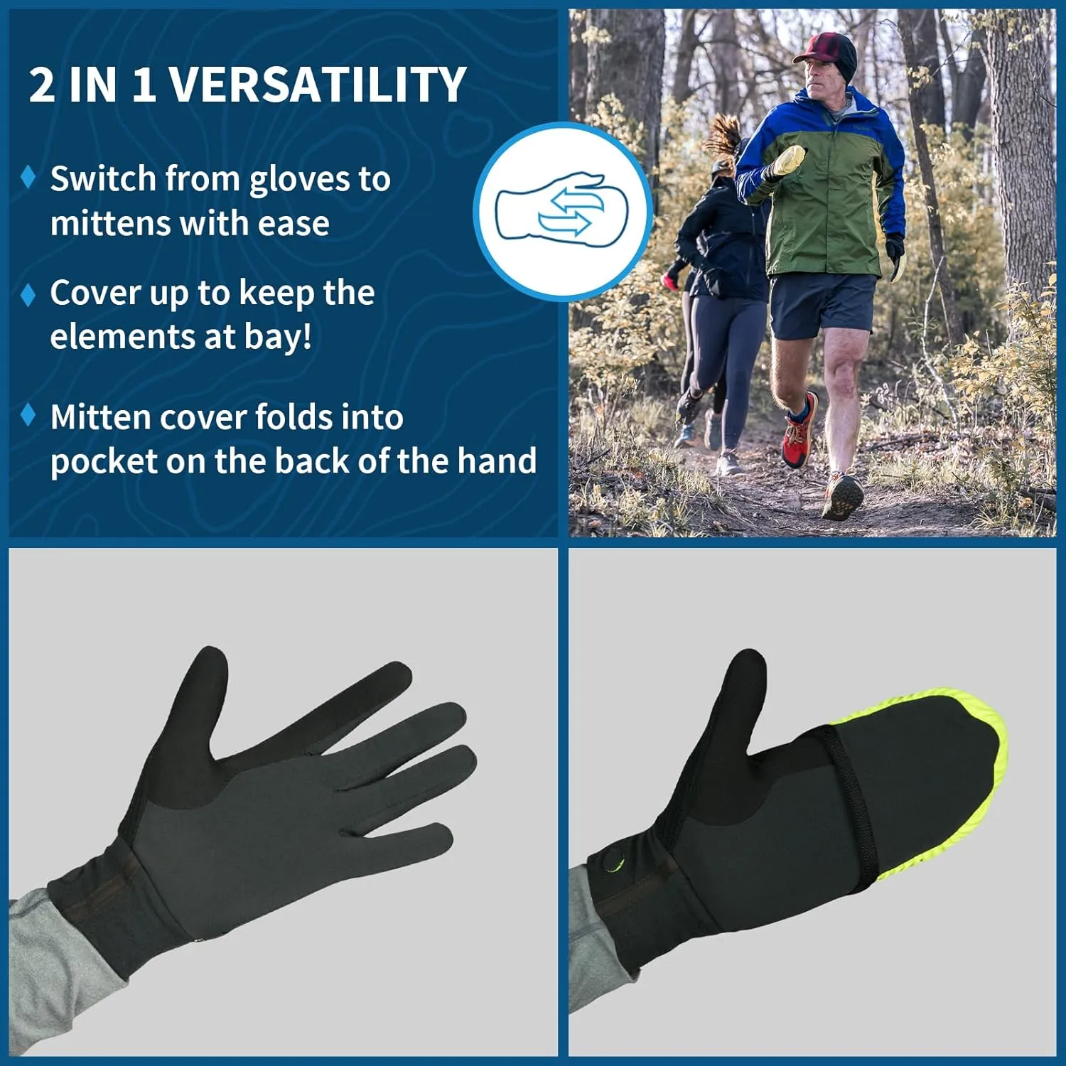 TrailHeads Mens Running Gloves Touchscreen Fingers & Convertible Waterproof Mitten Shell - for Winter, Reflective, Warm