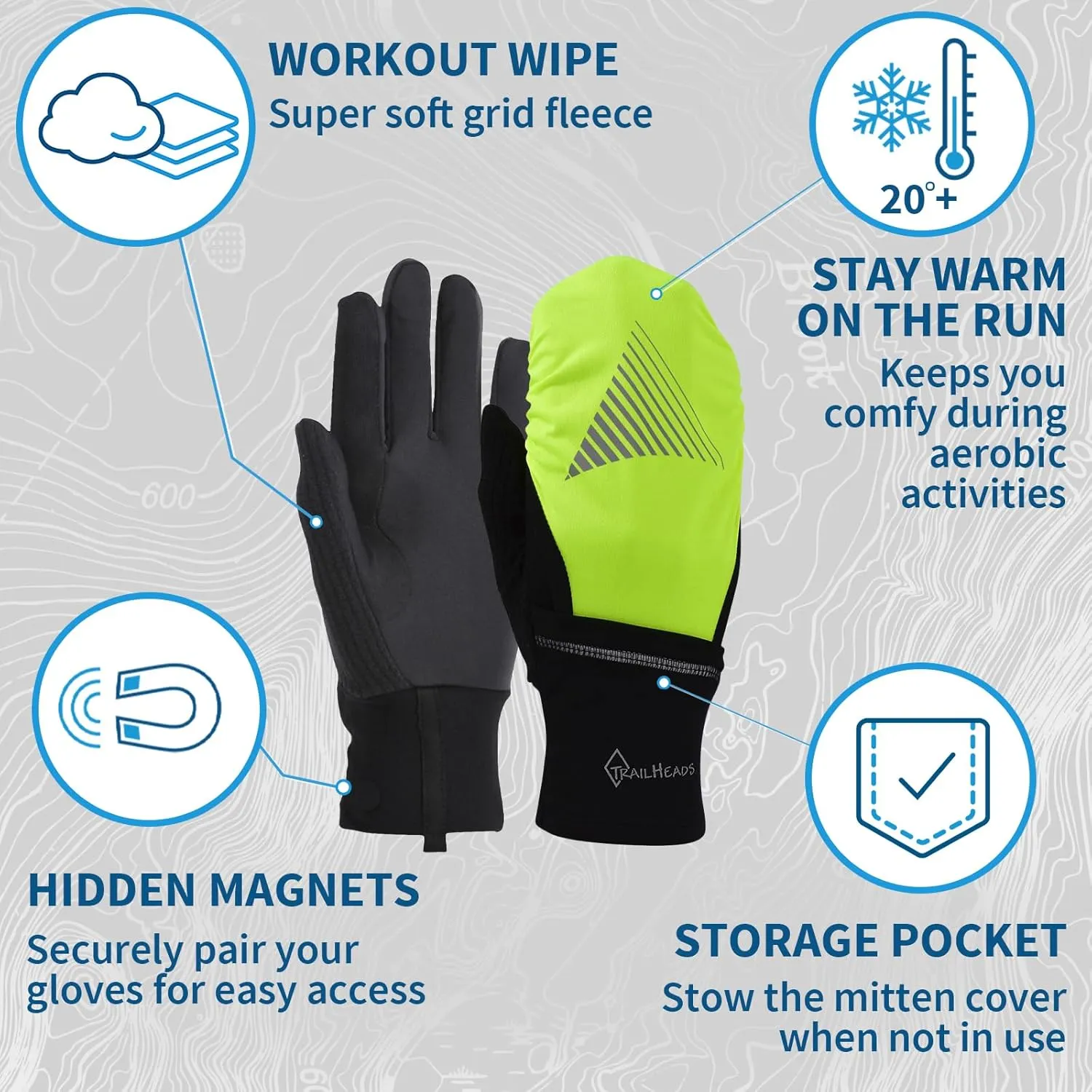 TrailHeads Mens Running Gloves Touchscreen Fingers & Convertible Waterproof Mitten Shell - for Winter, Reflective, Warm
