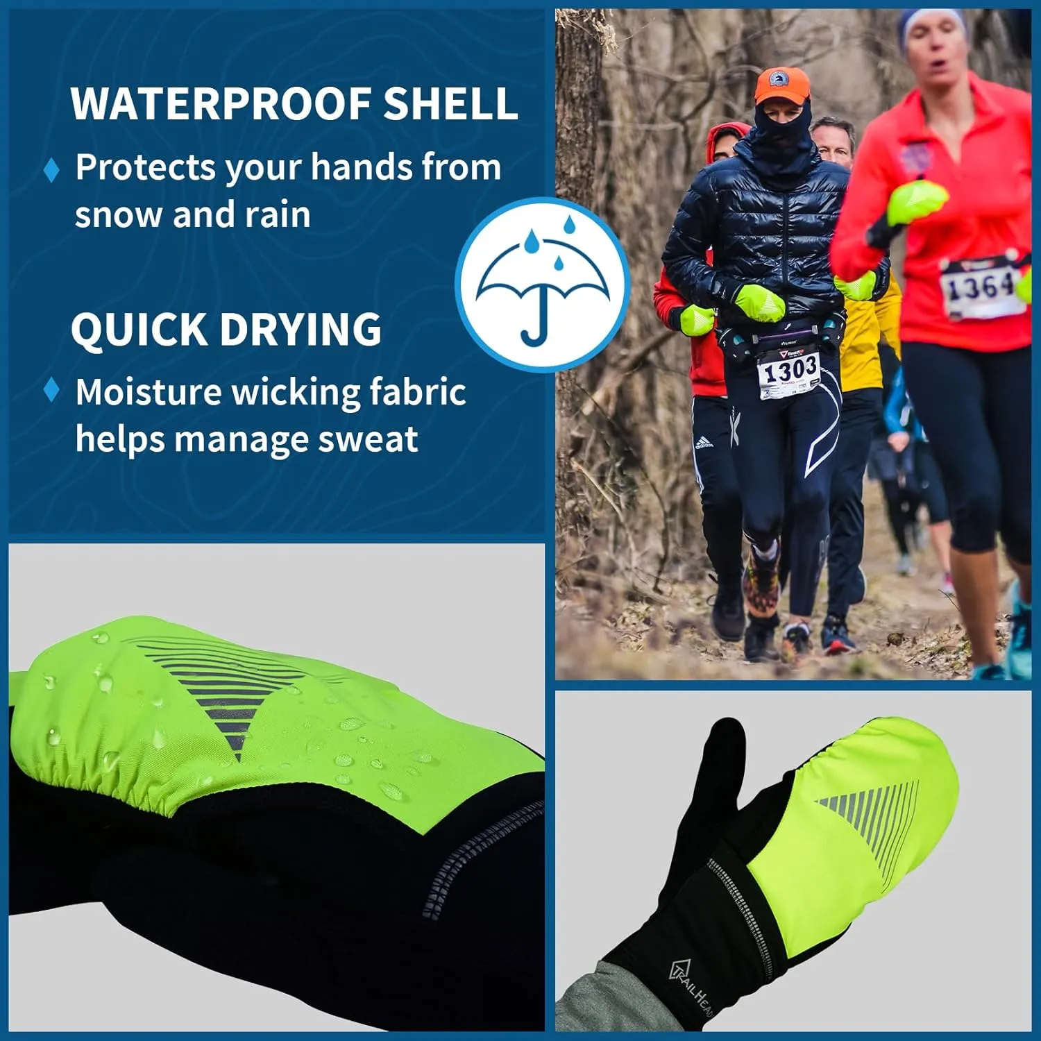 TrailHeads Mens Running Gloves Touchscreen Fingers & Convertible Waterproof Mitten Shell - for Winter, Reflective, Warm