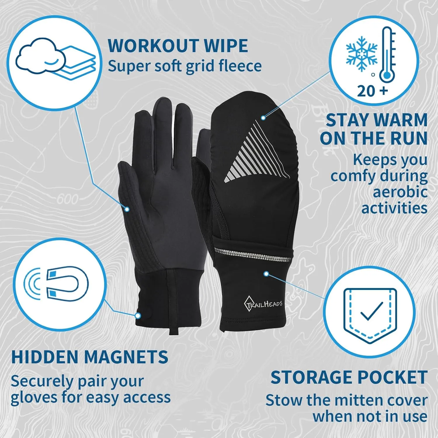 TrailHeads Womens Running Gloves Touchscreen Fingers & Convertible Waterproof Mitten Shell - for Winter, Reflective, Warm