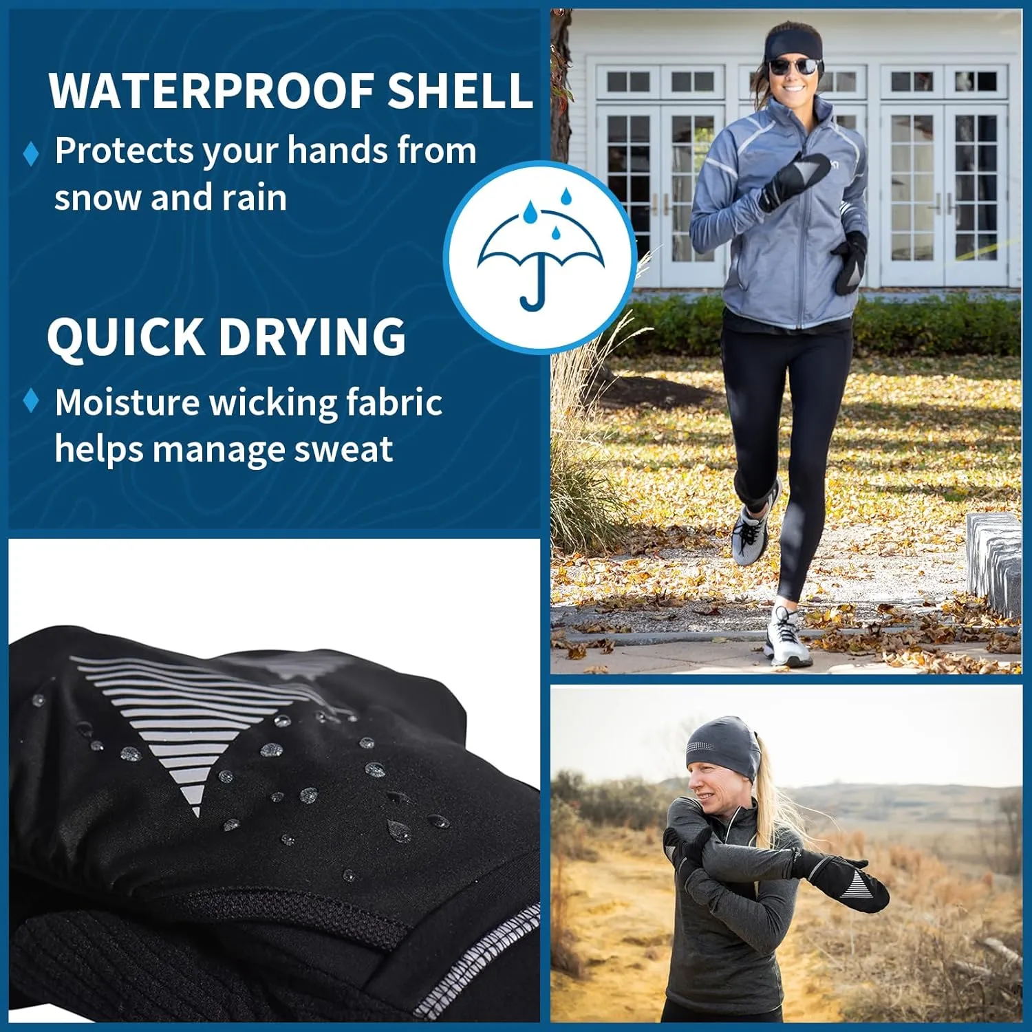 TrailHeads Womens Running Gloves Touchscreen Fingers & Convertible Waterproof Mitten Shell - for Winter, Reflective, Warm